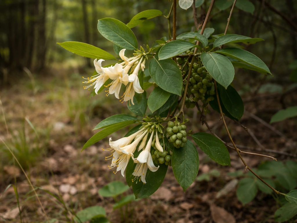 Close-up of native Western honeysuckle leaves and pale flowers in a Montana woodland understory.