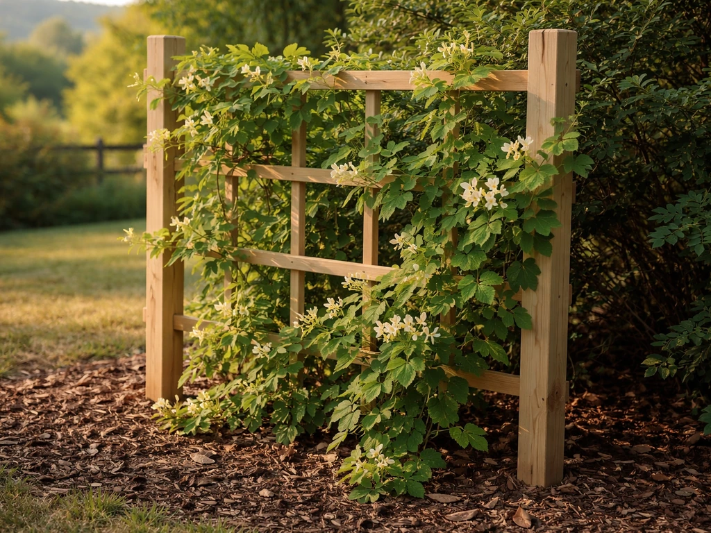 Healthy honeysuckle vines climbing a fence trellis in a mulched, slightly moist foothill-style yard.