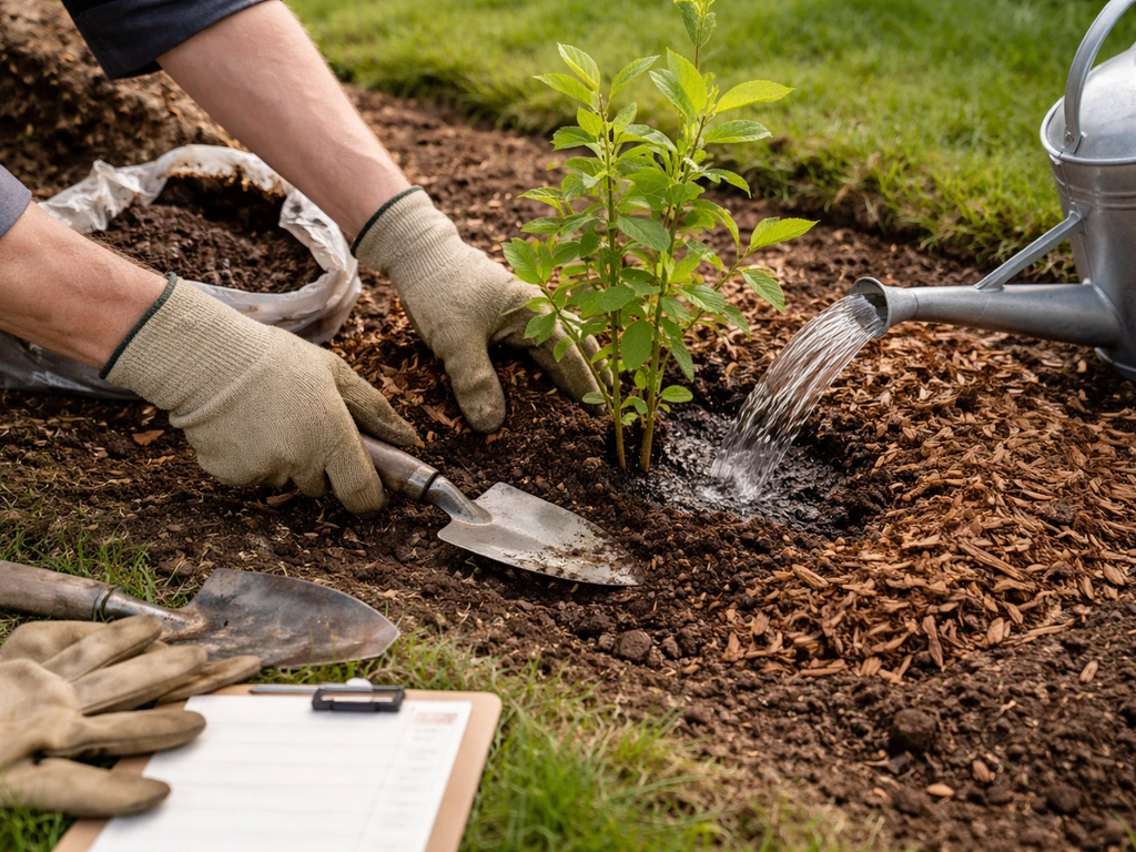 Gardener plants honeysuckle in a prepared hole, amends soil, waters in, and spreads mulch with tools nearby.