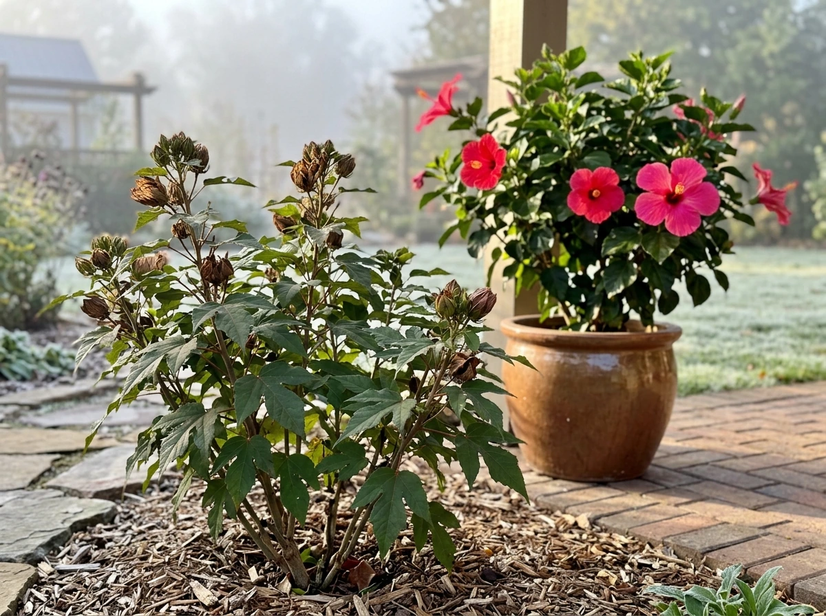 Hardy hibiscus in garden bed and tropical hibiscus in container shown together for climate suitability