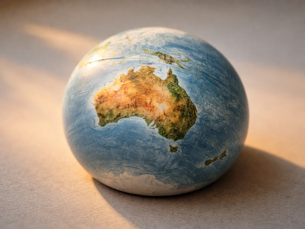Close-up of a small Australia globe model with warm coastal areas lit, cooler regions in shade.
