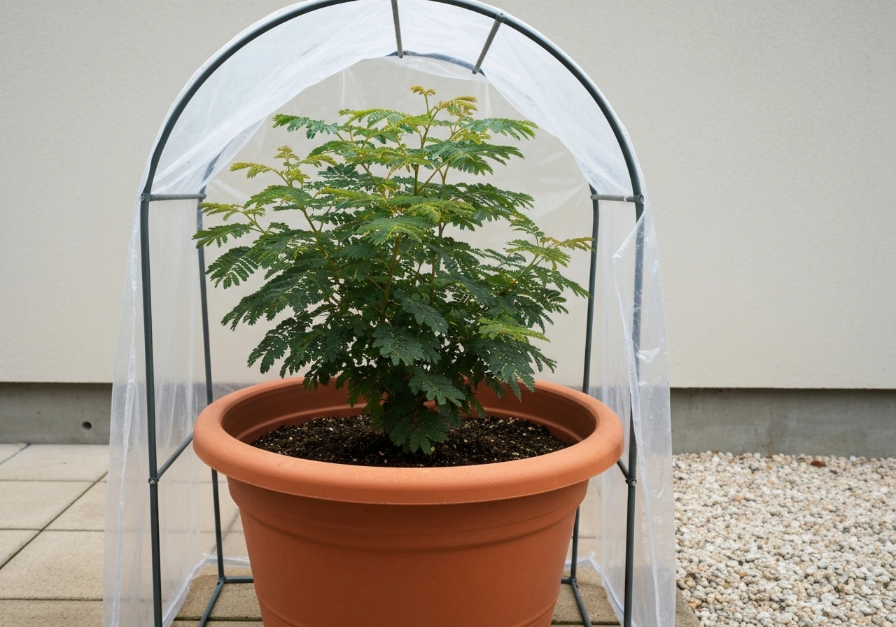 Mimosa hostilis in a large pot under a frost cover in a greenhouse-like setup outdoors.