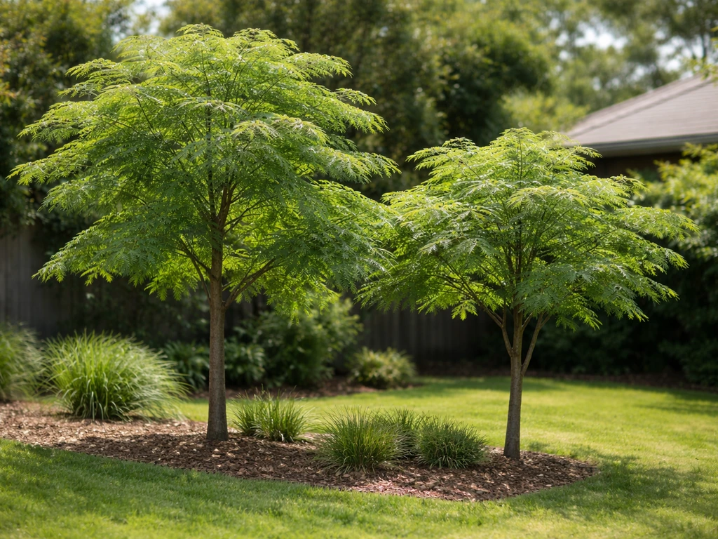 Minimal photo of two contrasting feathery ornamental trees in an Australian backyard garden