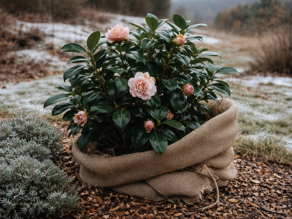 Camellia shrub in a Colorado winter garden with mulch protection and light frost.