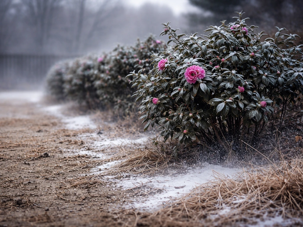 Frosted camellia shrubs in a snowy, windy Colorado yard with dry cracked ground in the foreground.