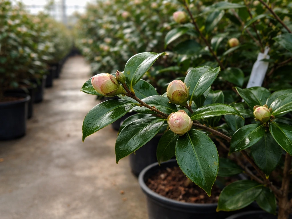 Close-up of winter-group hybrid camellias in pots at a nursery, with small blank plant tags.