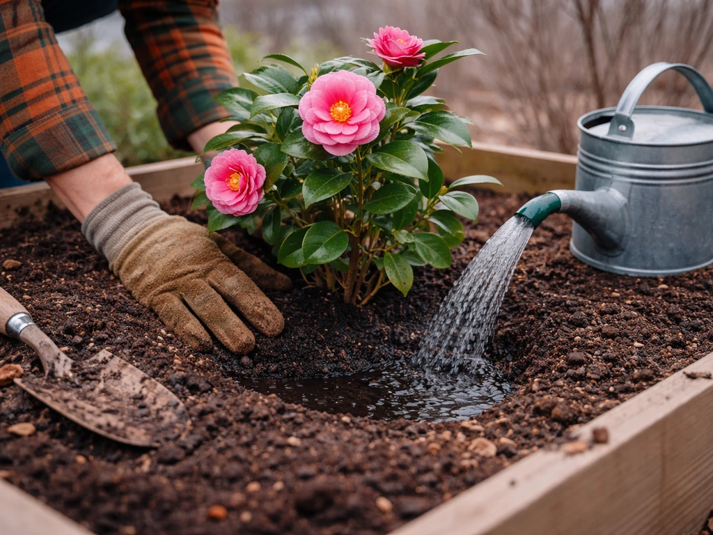 Hands plant a camellia in a raised, well-drained bed while a watering can waters the base.