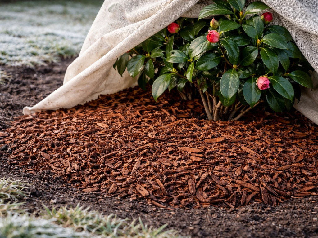 In-ground camellia with thick mulch covering the root zone and a simple winter wrap around the plant.