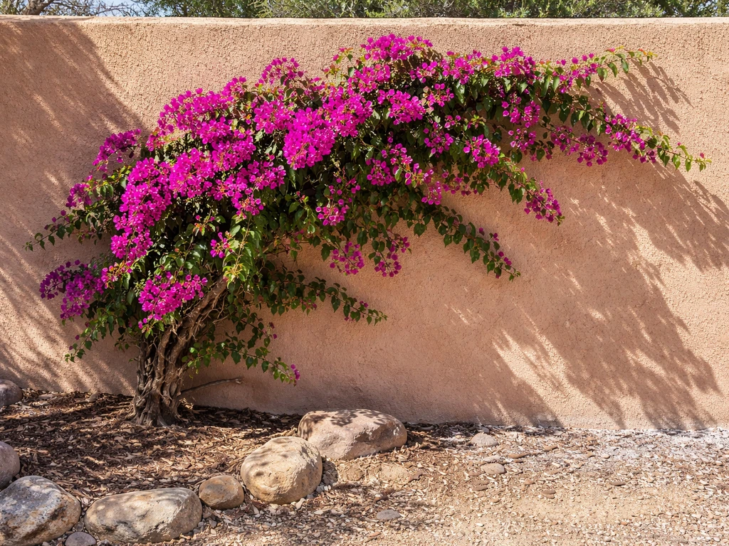 Magenta bougainvillea vine thriving on a warm stucco wall in a New Mexico garden under intense sun.