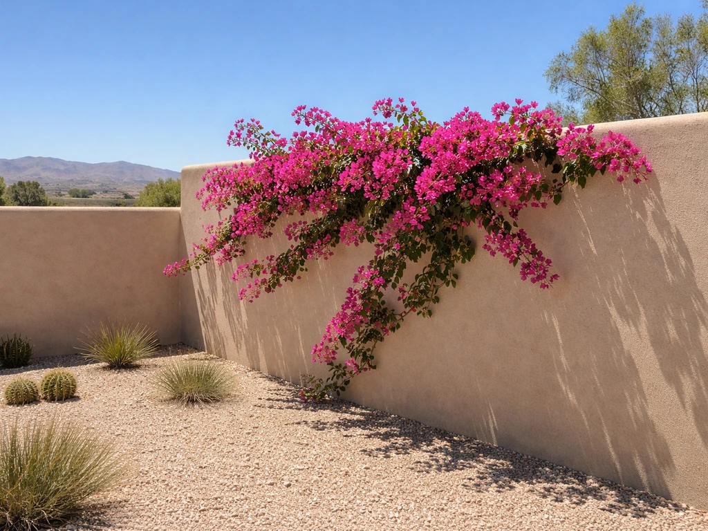 Bougainvillea growing on a stucco wall in a sunny New Mexico backyard with foothills in the distance.