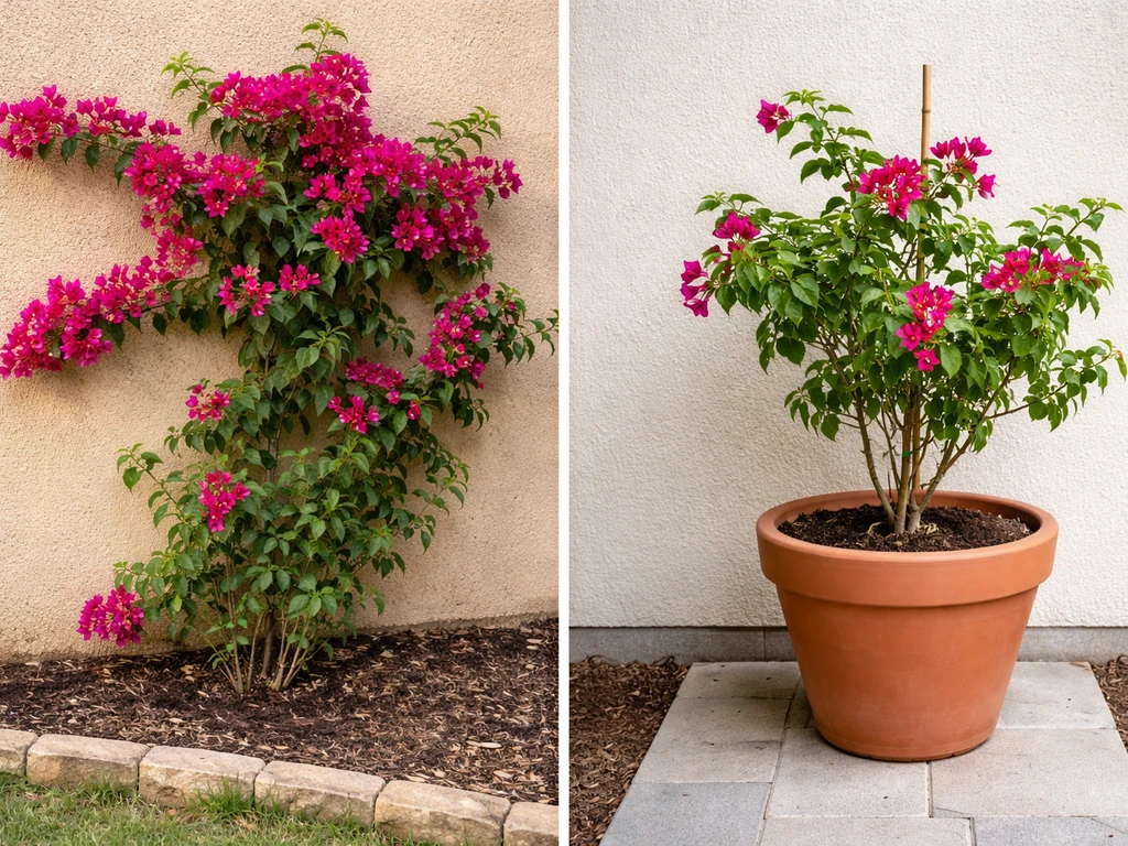 Split scene of an in-ground bougainvillea against a masonry wall and a container bougainvillea on a patio.