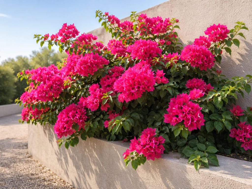 Barbara Karst bougainvillea with vivid magenta bracts on a sunny patio on top of a small retaining wall