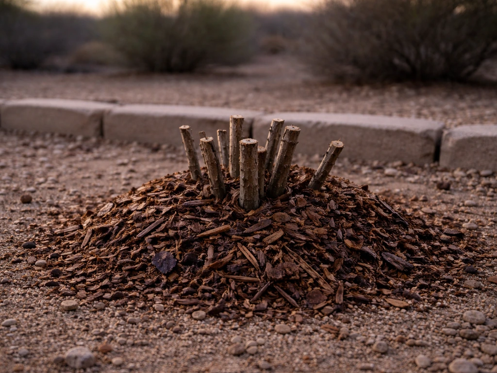 Mulched root crown of a cut-back in-ground plant in southern New Mexico, ready for freezing nights.