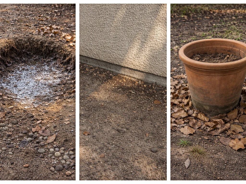 Bare soil with frost in a shaded dip, a north-facing wall, and an outdoor terracotta container left too long in fall.