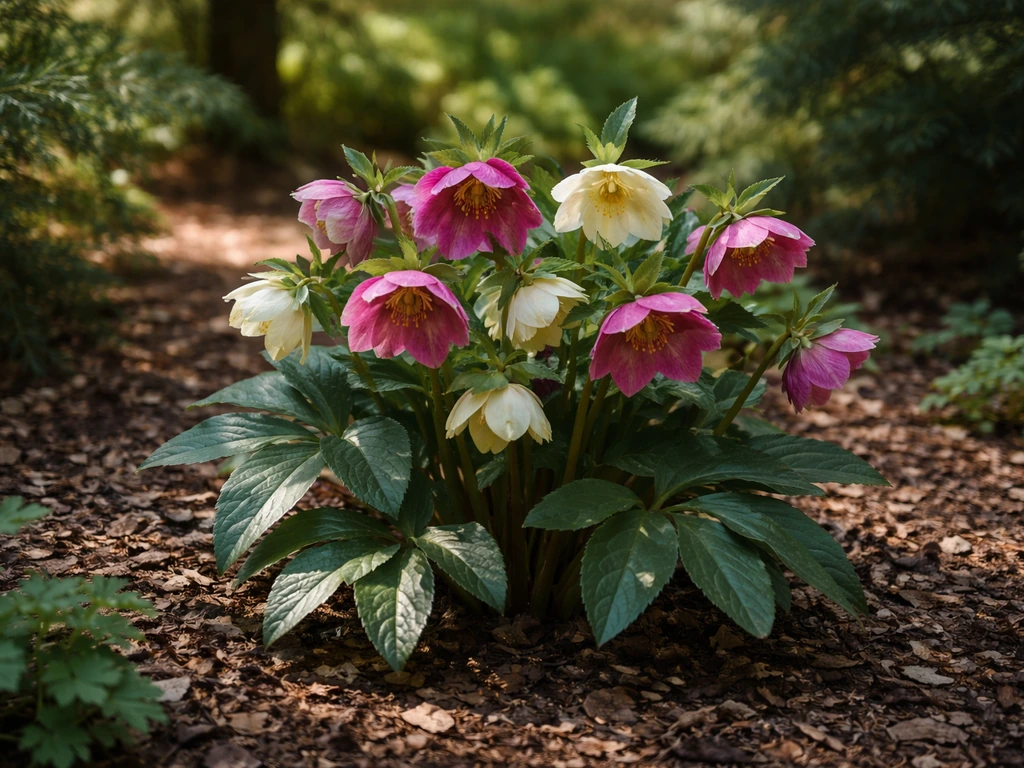 Vivid hellebore blooms in a shady Texas woodland garden with mulch and evergreen foliage.