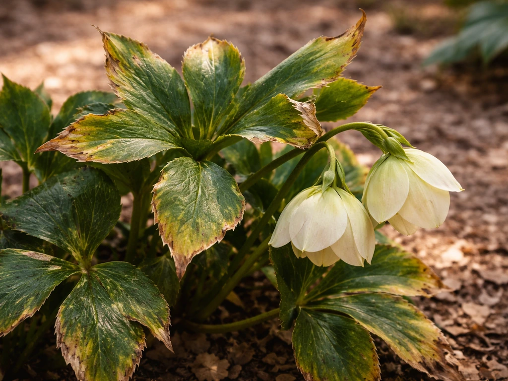 Close-up hellebore leaves and pale blooms in a sun-stressed Texas garden, showing drought-bleached edges.