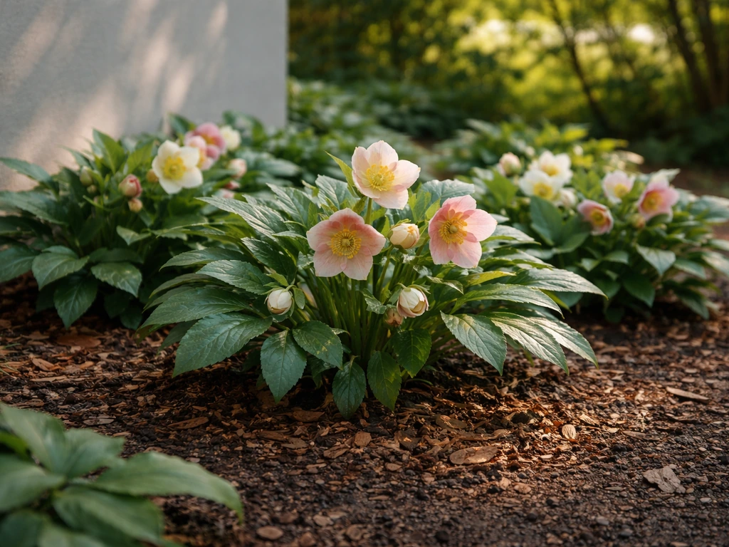 Hellebores thriving in a shaded, carefully mulched bed on the north/east side of a structure.