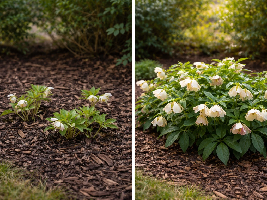 Two seasonal shots: sparse first-year hellebores versus fuller year-two blooms in a shaded garden bed.