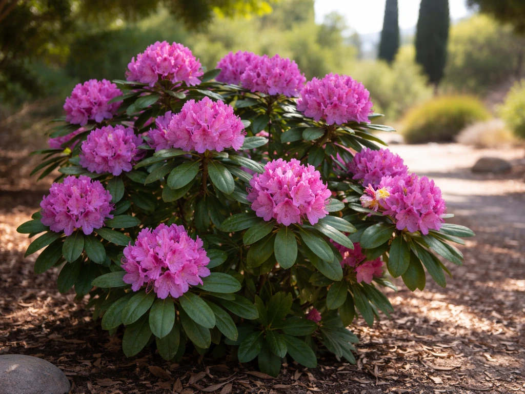 Vibrant rhododendron blooms in a mild, filtered-shade southern California garden.