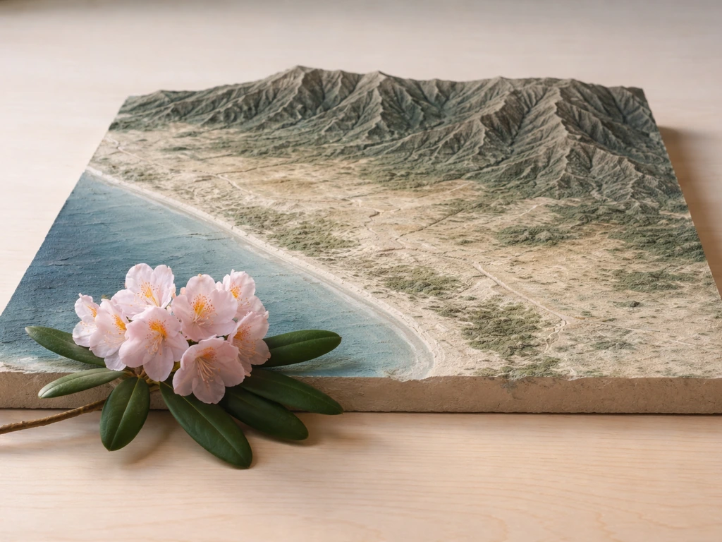 Tabletop landscape model showing coastal, inland, and higher elevation zones with a rhododendron sprig.
