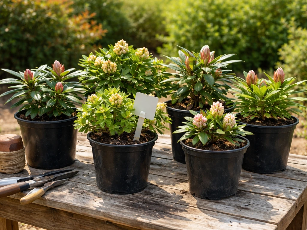 Potted rhododendron varieties on a garden bench in warm sunlight, highlighting heat-tolerant options.