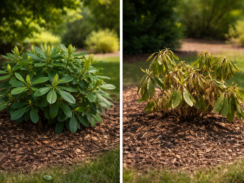 Two rhododendron shrubs side by side showing healthy leaves and failing leaf scorch with minimal garden backdrop.