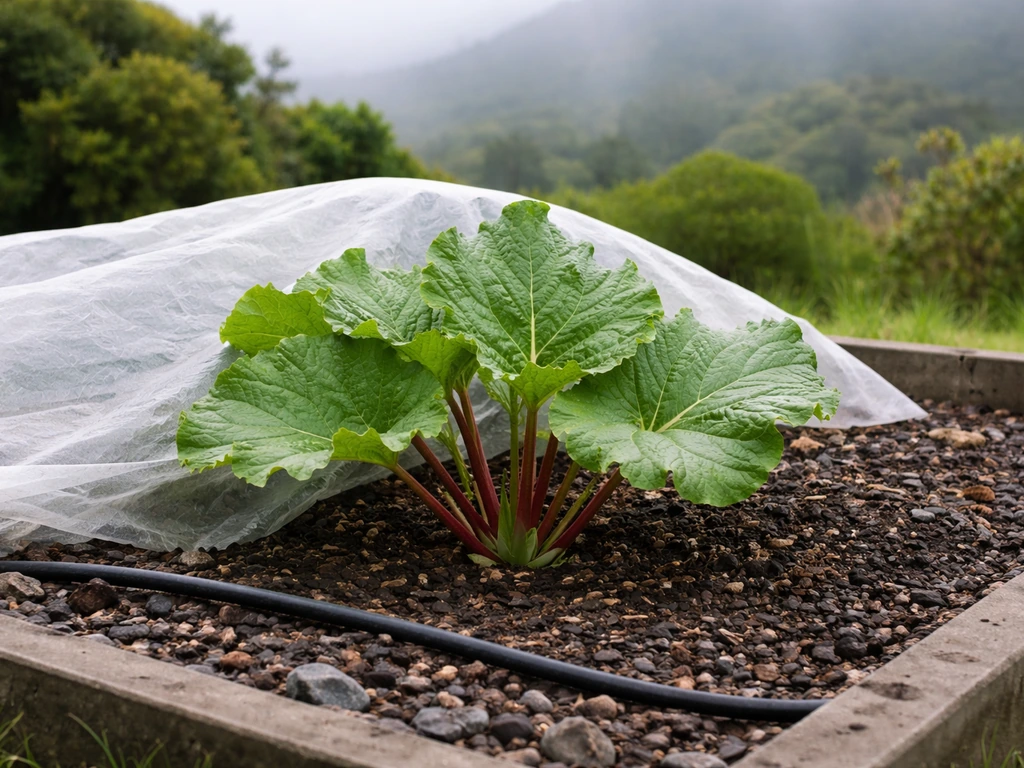 Fresh rhubarb leaves growing in a high-elevation Hawaiian garden bed with mulch and drip irrigation.