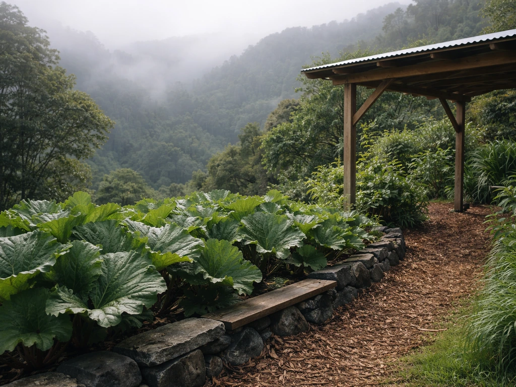 Misty high-elevation backyard garden on the Big Island with rhubarb in partial shade and sloped terrain