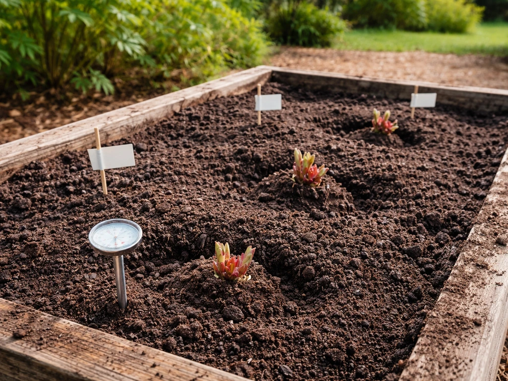 Rhubarb planting in a raised bed with amended soil, visible drainage setup, and labeled crown tags.
