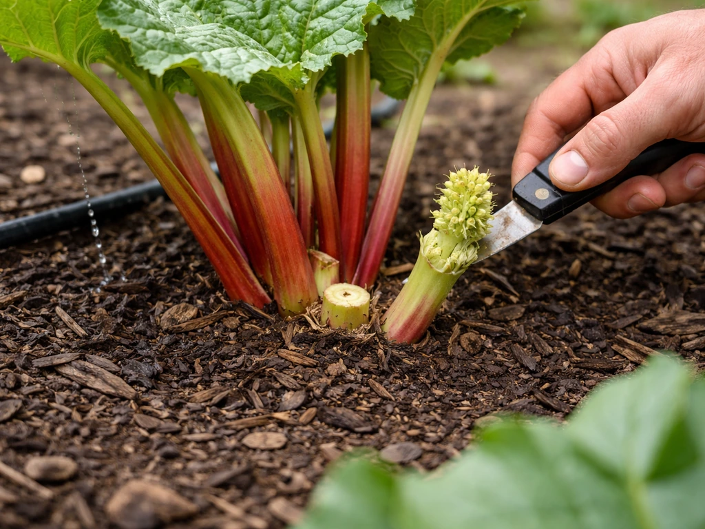 Rhubarb crown in mulched soil with a drip line watering and a newly emerging flower stalk removed