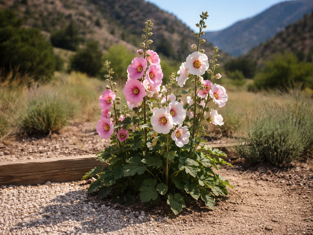 Hollyhocks blooming in a sunny, well-drained Colorado garden bed with dry mountains in the background.