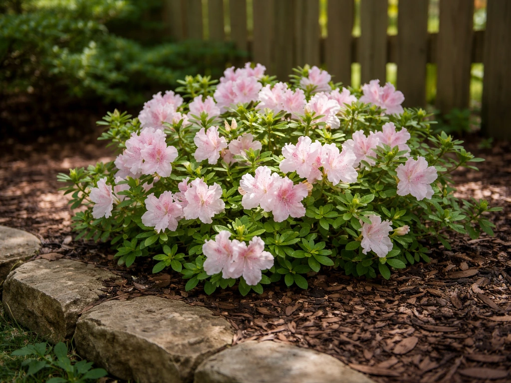 Cold-hardy azaleas blooming in Kansas garden under dappled shade near a sheltered wall