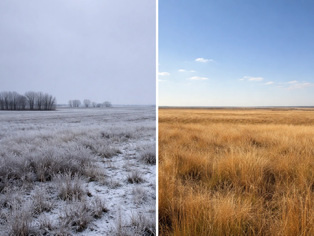 Kansas landscape split from snowy winter to hot summer fields, showing harsh climate swings.