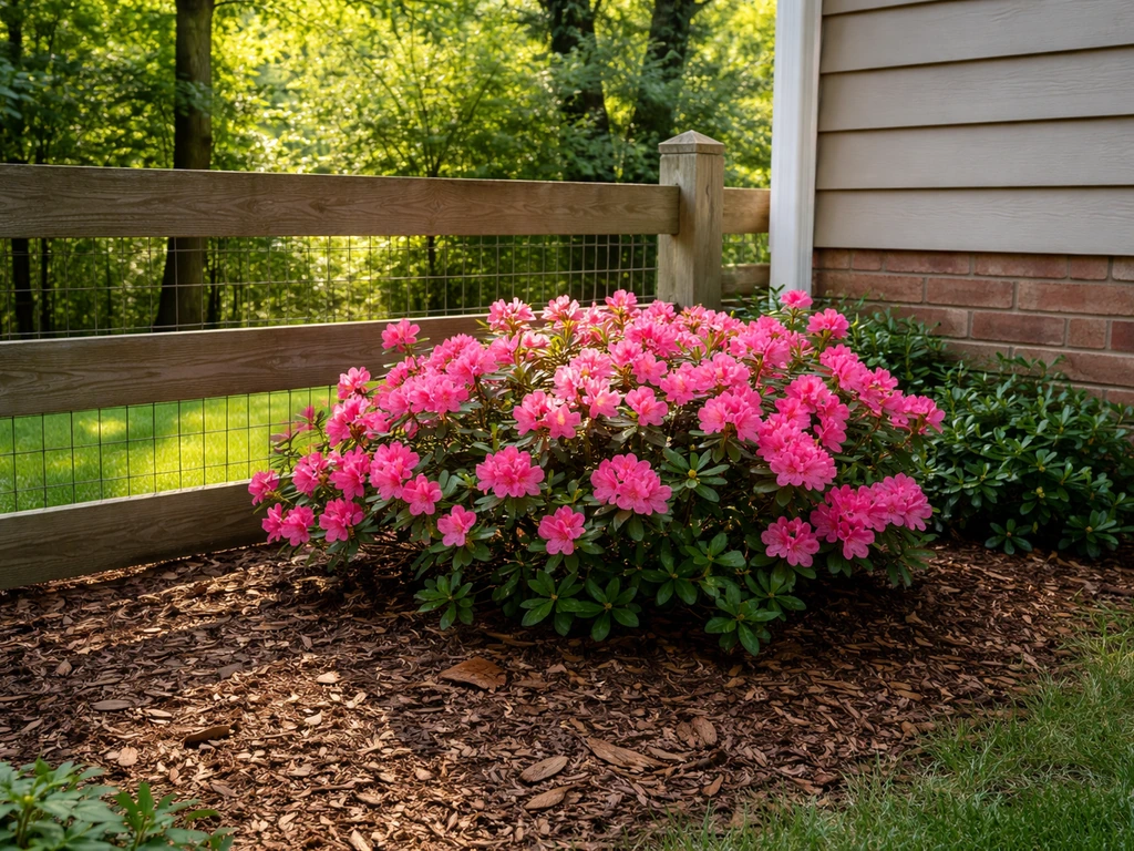 Azalea shrubs in a Kansas yard along a fence corner, getting morning sun and afternoon shade, protected from wind