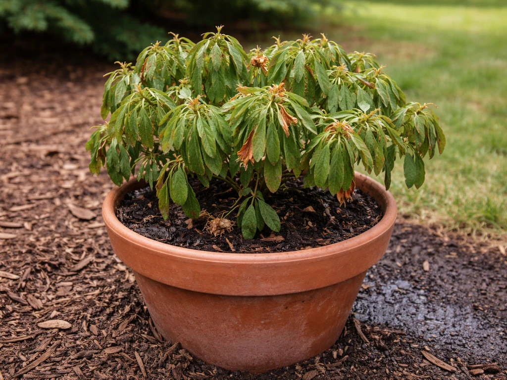 Drooping azalea leaves with scorched edges beside properly mulched, freshly watered soil