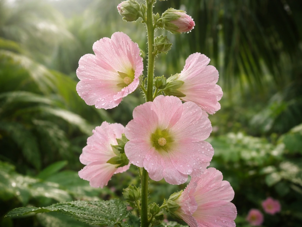 Close-up of hollyhock blossoms and stems with a lush humid tropical garden background.