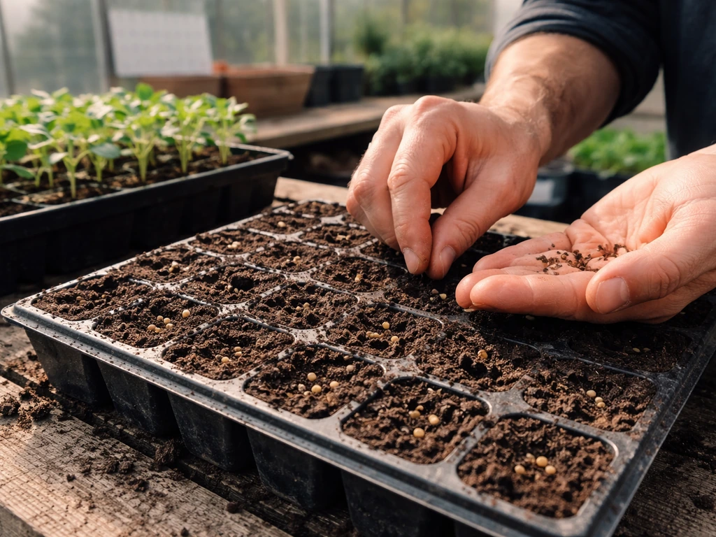 Hands sow hollyhock seeds in soil-filled trays under warm seasonal growing conditions.