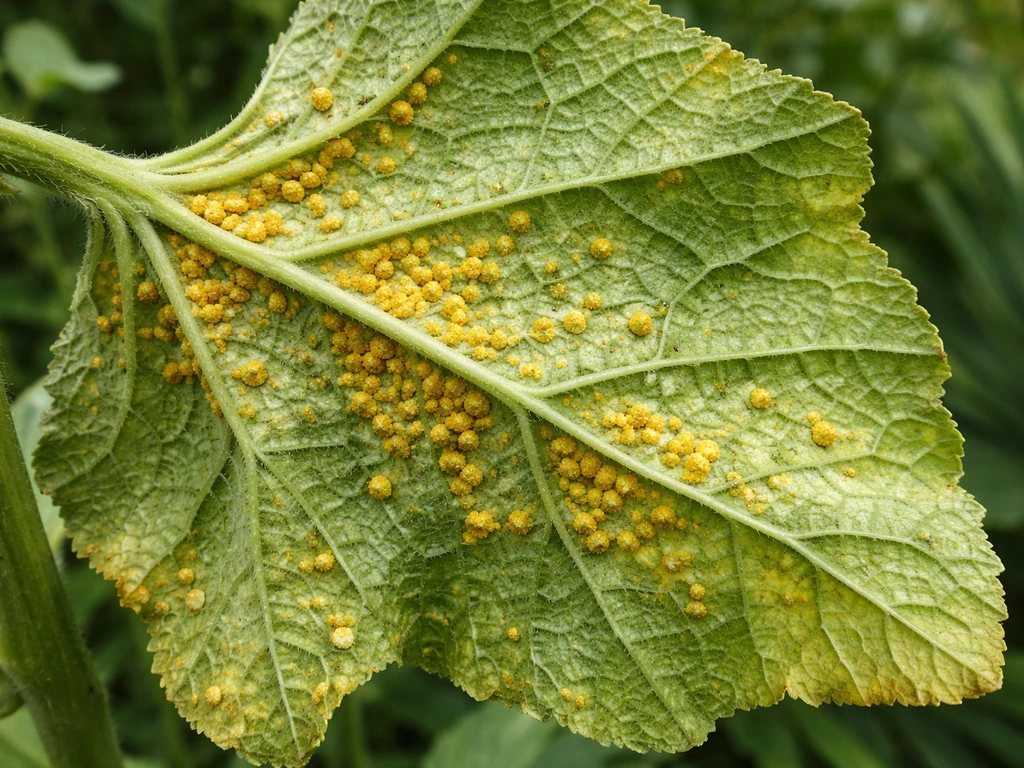 Close-up of hollyhock leaf underside with orange-yellow rust pustules and yellowing foliage in tropical light.