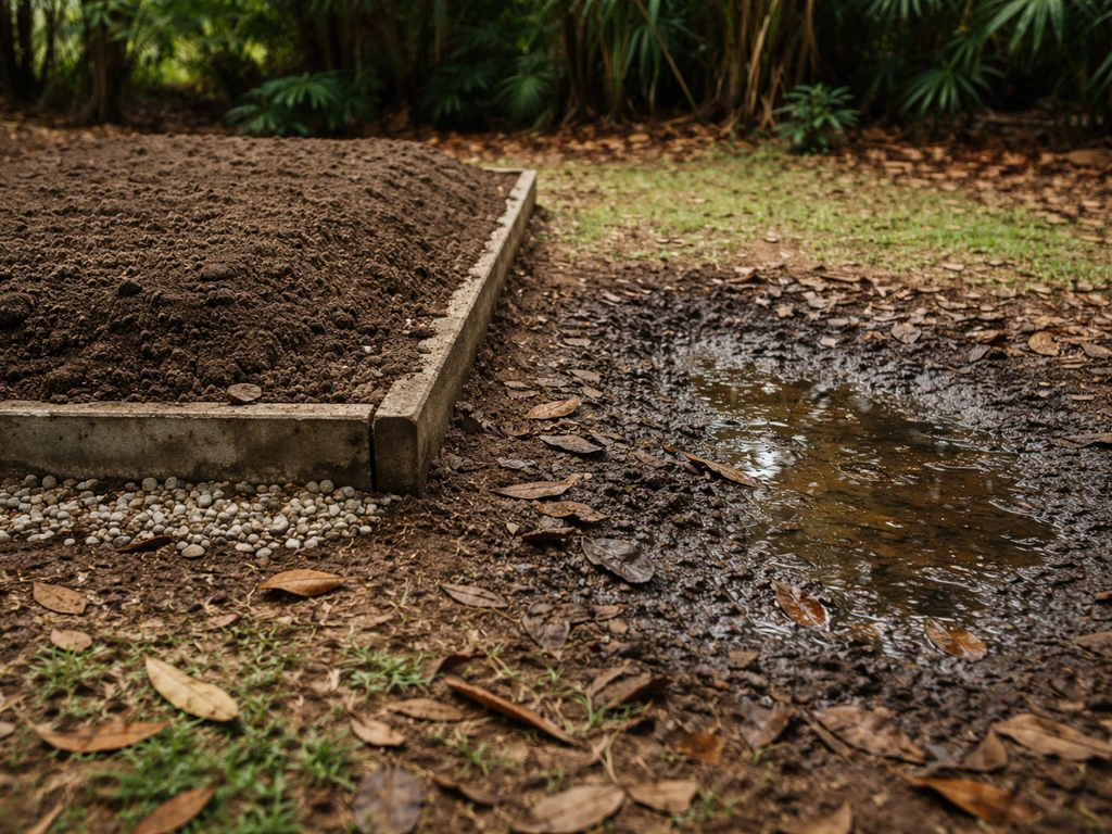 Raised planting bed with drainage stones beside a darker, waterlogged low spot to show crown/root rot prevention.