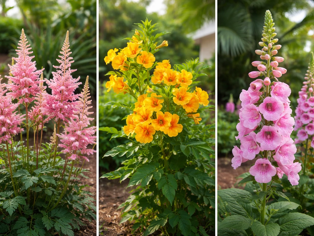 Tall cottage-garden flowering plants in a tropical yard, shown in a simple collage-like arrangement