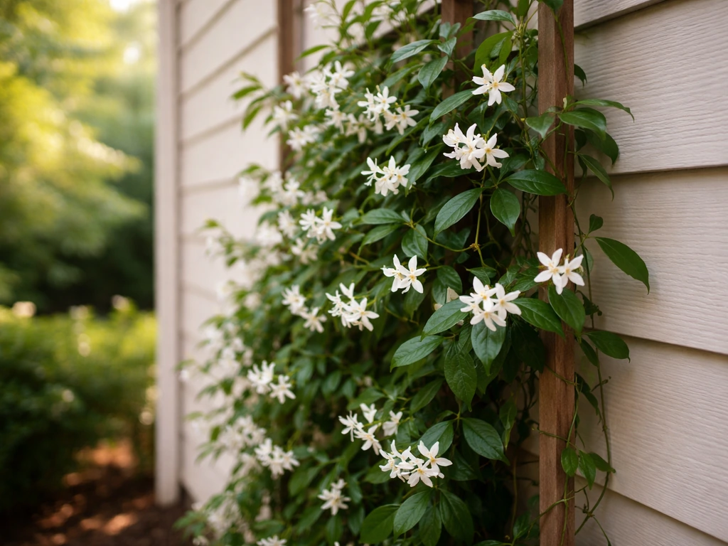 Star jasmine with white blooms climbing a trellis in a Georgia home garden