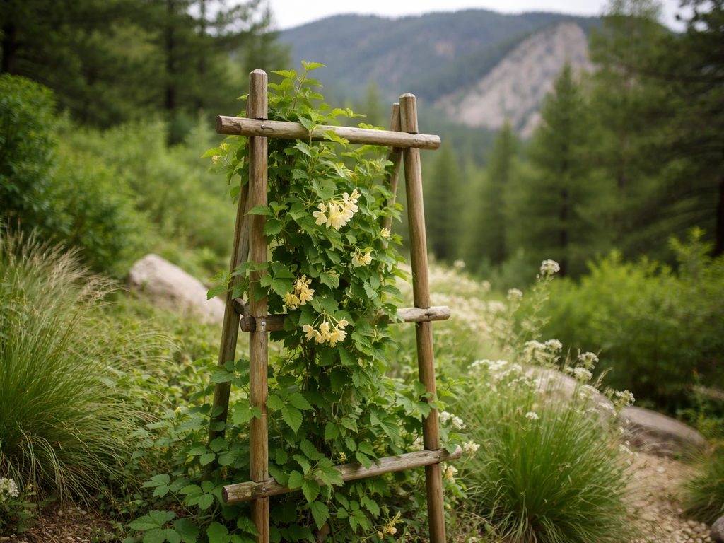Honeysuckle vine with blossoms thriving on a wooden trellis in a Colorado garden with mountain backdrop.