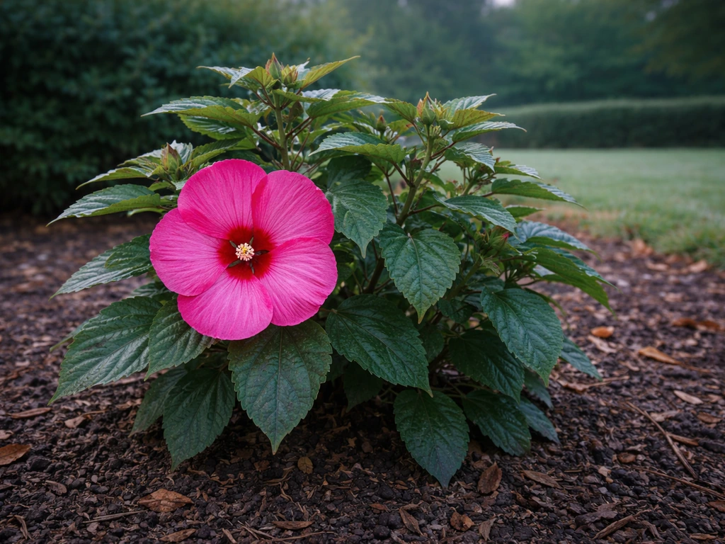 Hardy hibiscus blooming outdoors in an Indiana garden with cool sky and slight frost on leaves.