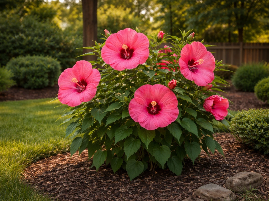 Hardy pink hibiscus blooming in a late-summer Maryland garden with blurred backyard landscaping behind.