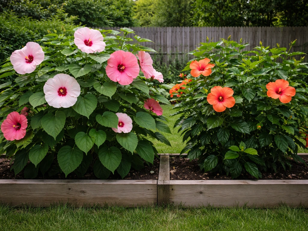Two hibiscus plants side by side in garden beds, hardy pink blooms and tropical orange-red blooms.