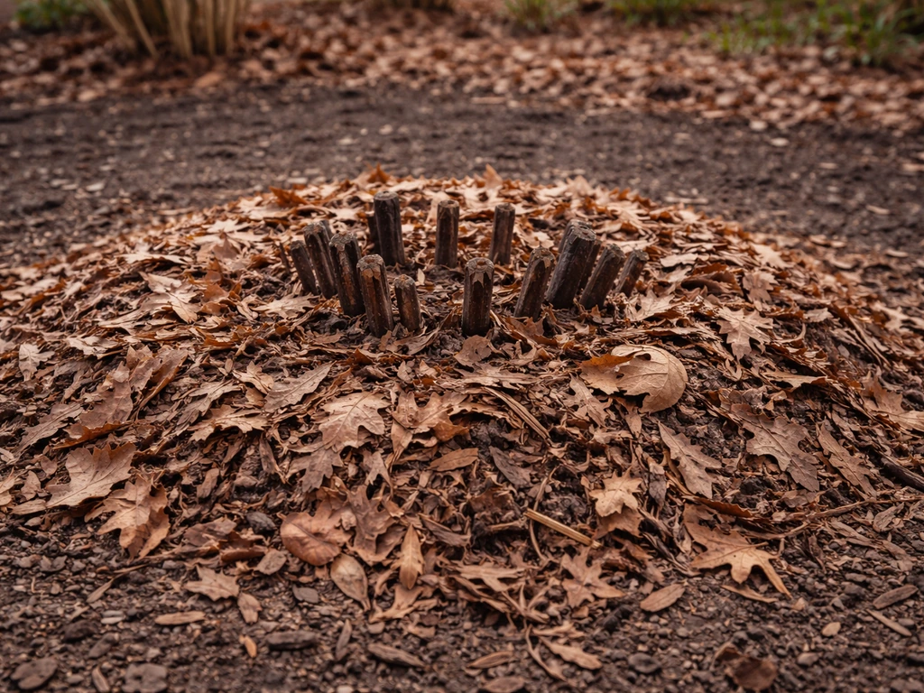 Hardy hibiscus cut back to the ground, crown covered with 2–3 inches of mulch for winter protection.