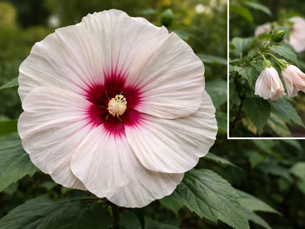 Close-up of a large white hardy hibiscus bloom with a small inset showing drooping foliage and fewer blooms.
