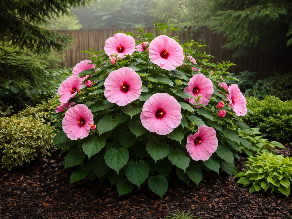 Hardy hibiscus with large pink blooms in a Seattle-like garden bed with evergreen plants and soft morning light