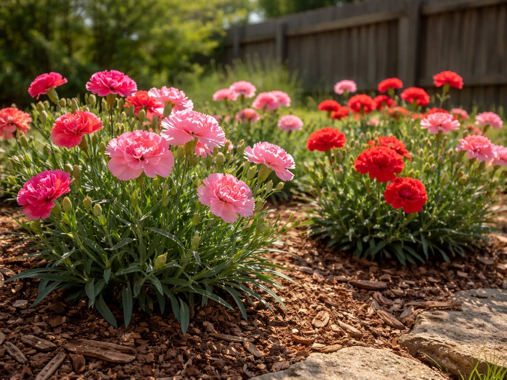 Pink and red carnations thriving in a sunny Texas garden bed with healthy green leaves and mulch.
