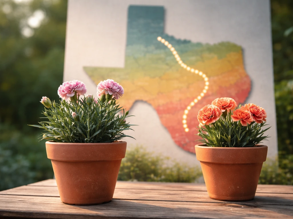 Minimal outdoor scene with a potted carnation near a simple Texas map-style zone layout.